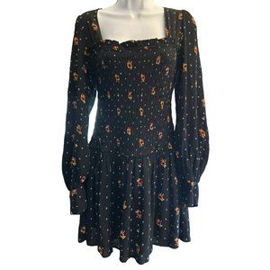 Free People Women's Black Floral Smocked Two Faces Mini Dress Sz Small Y2K Style